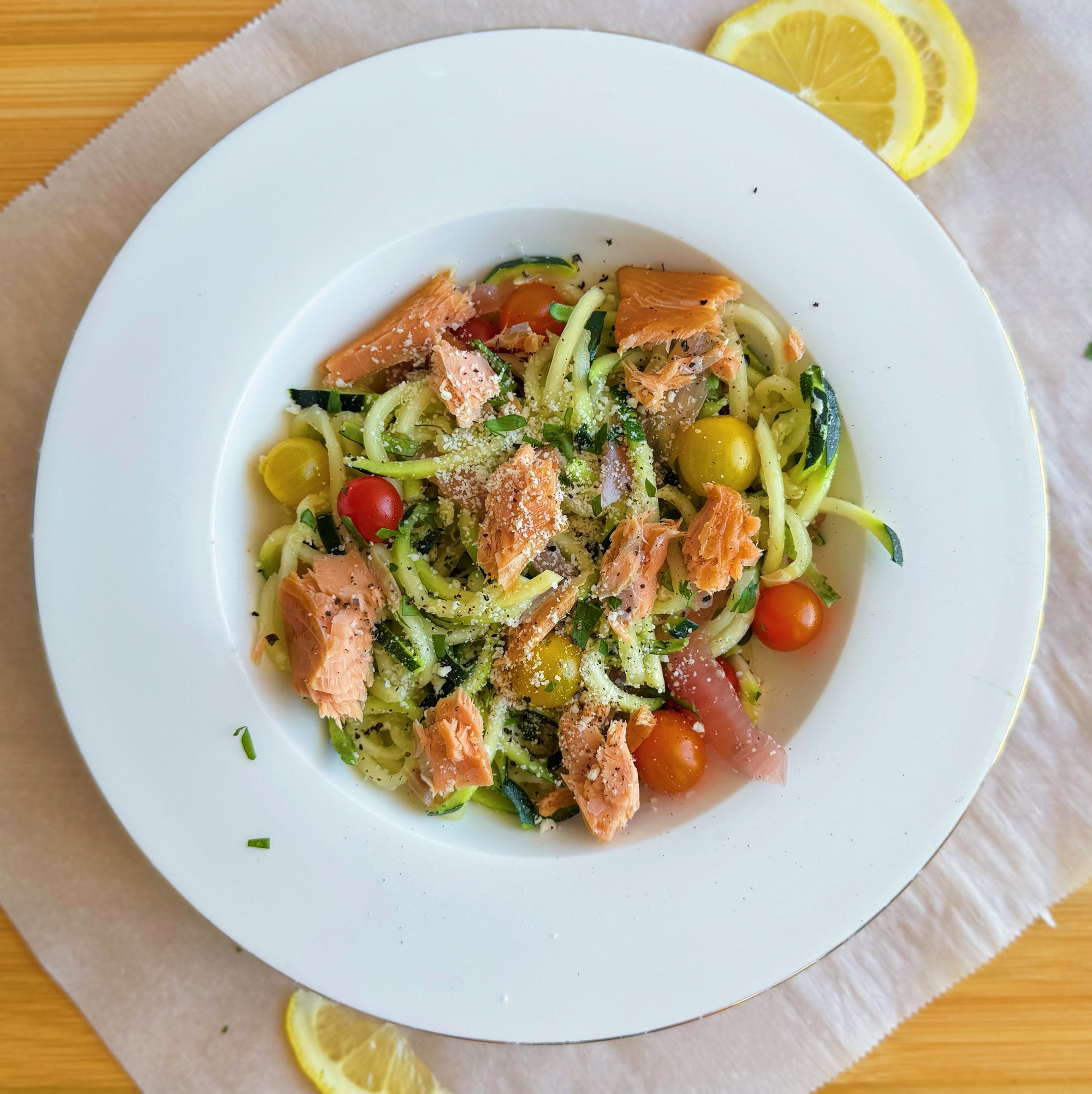 Lemon Garlic Zoodles with Wild Alaska Smoked King Salmon