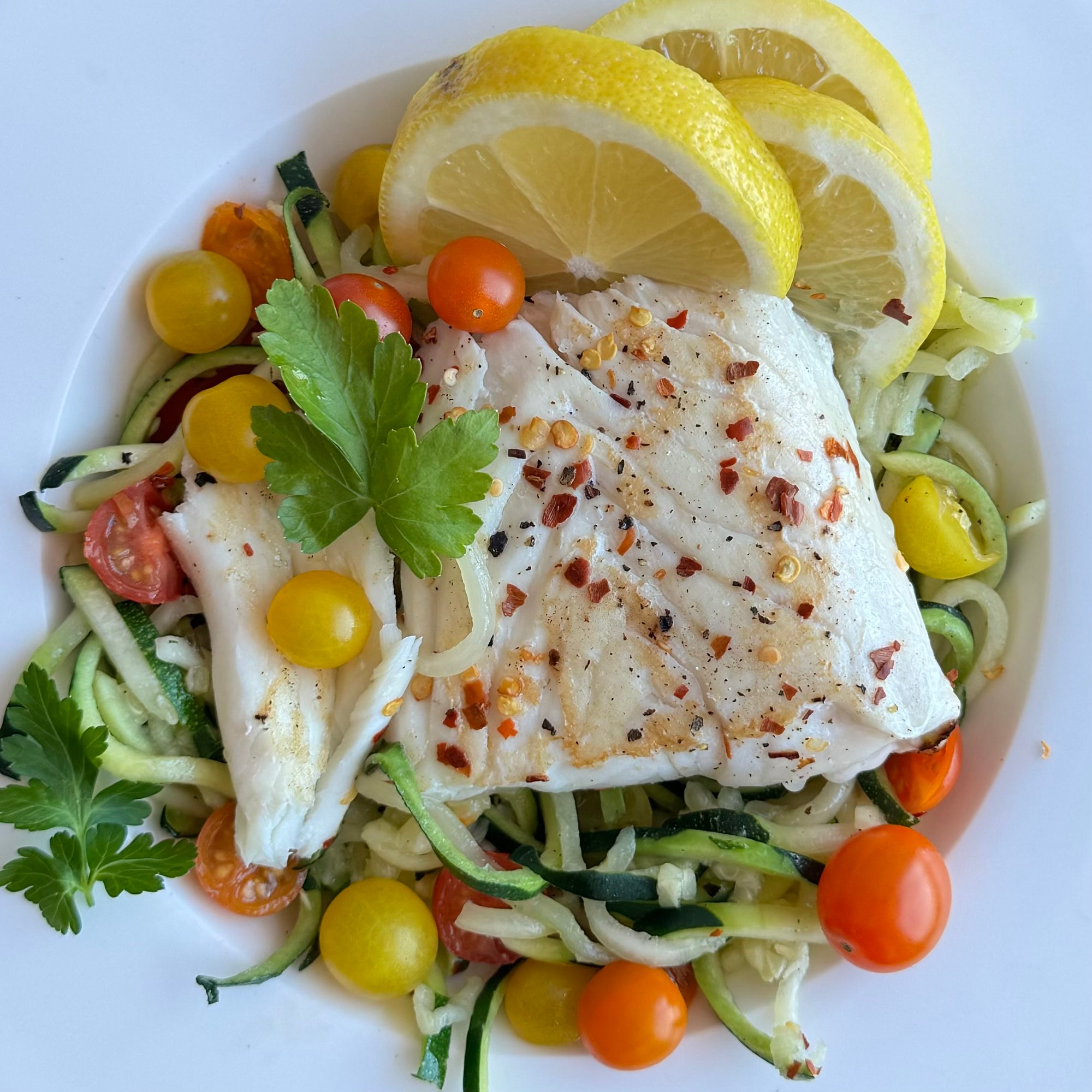Simple Pan-Seared Halibut with Zucchini Noodles