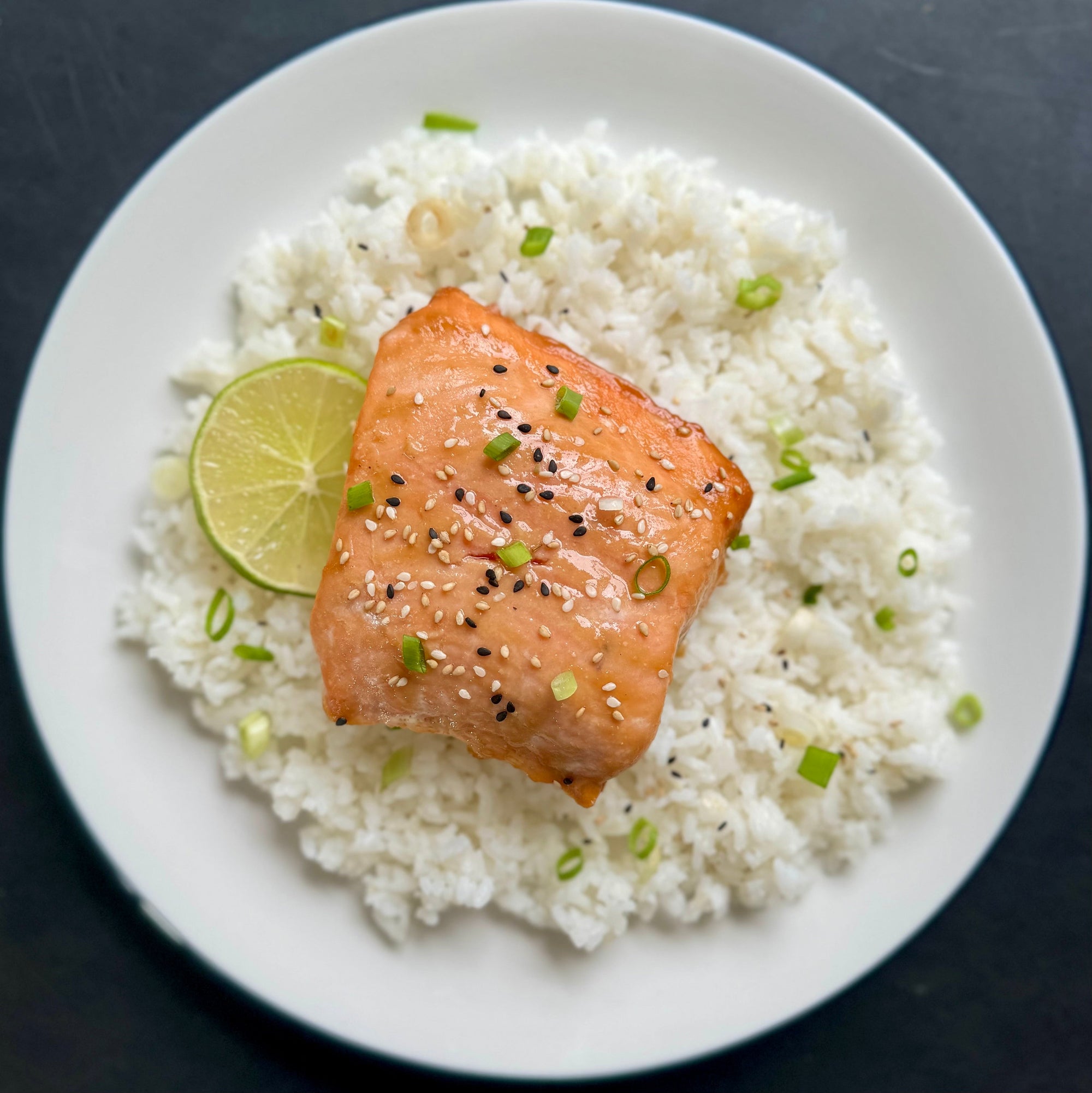 miso glazed king salmon over rice
