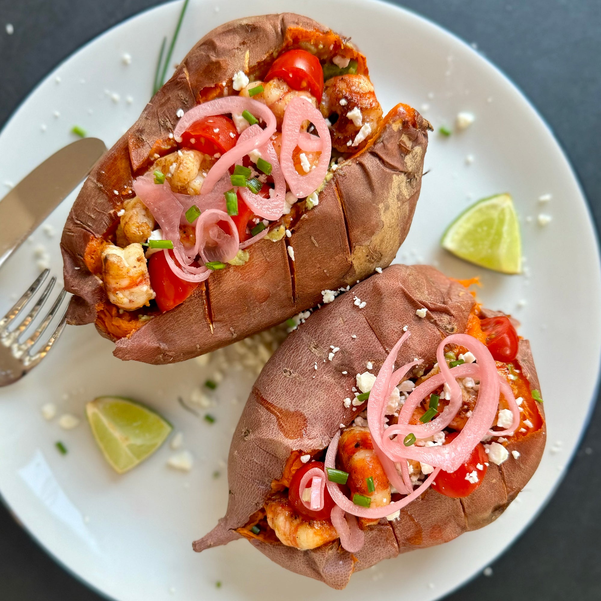 Blue Zone Inspired Spot Prawn and Avocado Stuffed Sweet Potato Boats