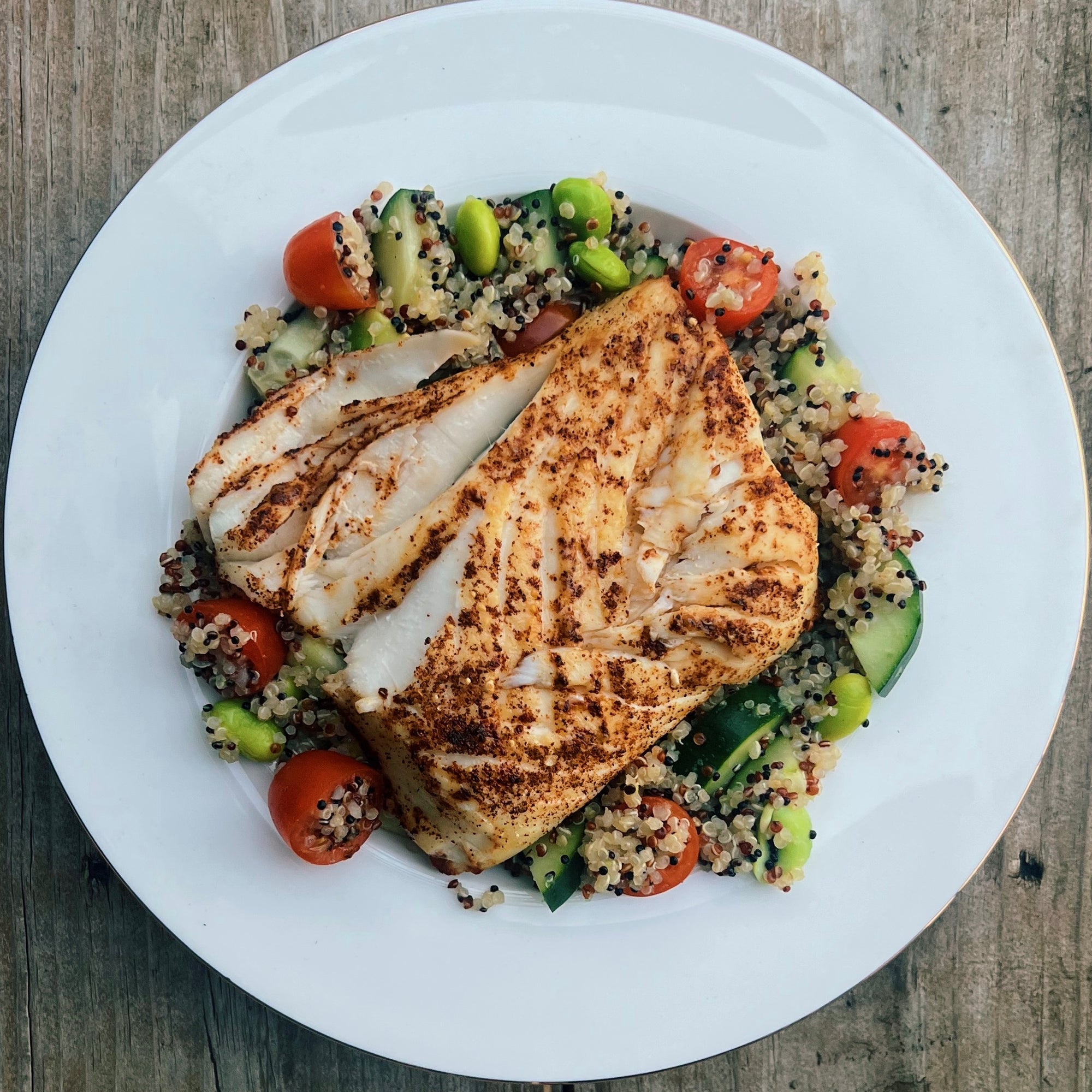 Air Fried Halibut over Quinoa Salad