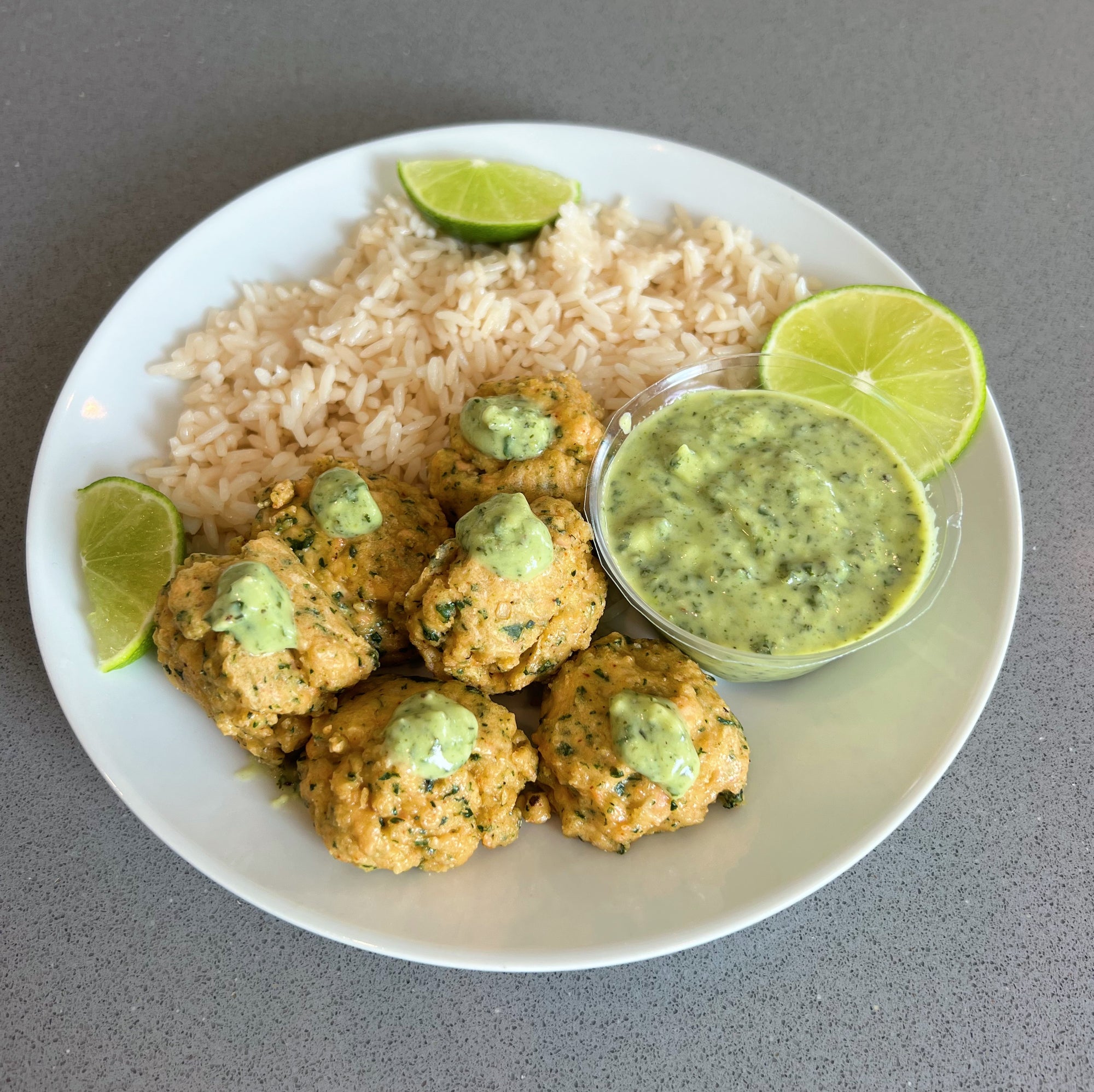 Salmon Meatballs with Avocado-Lime Crema and Rice