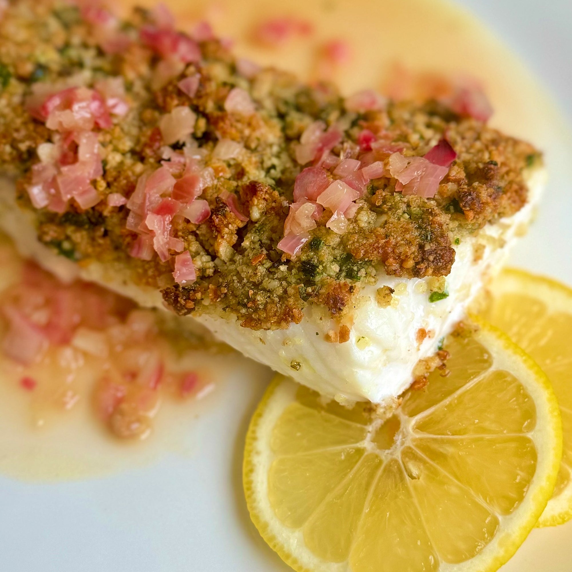 Gary's Pecan Crusted Halibut with Lemon Wine Sauce