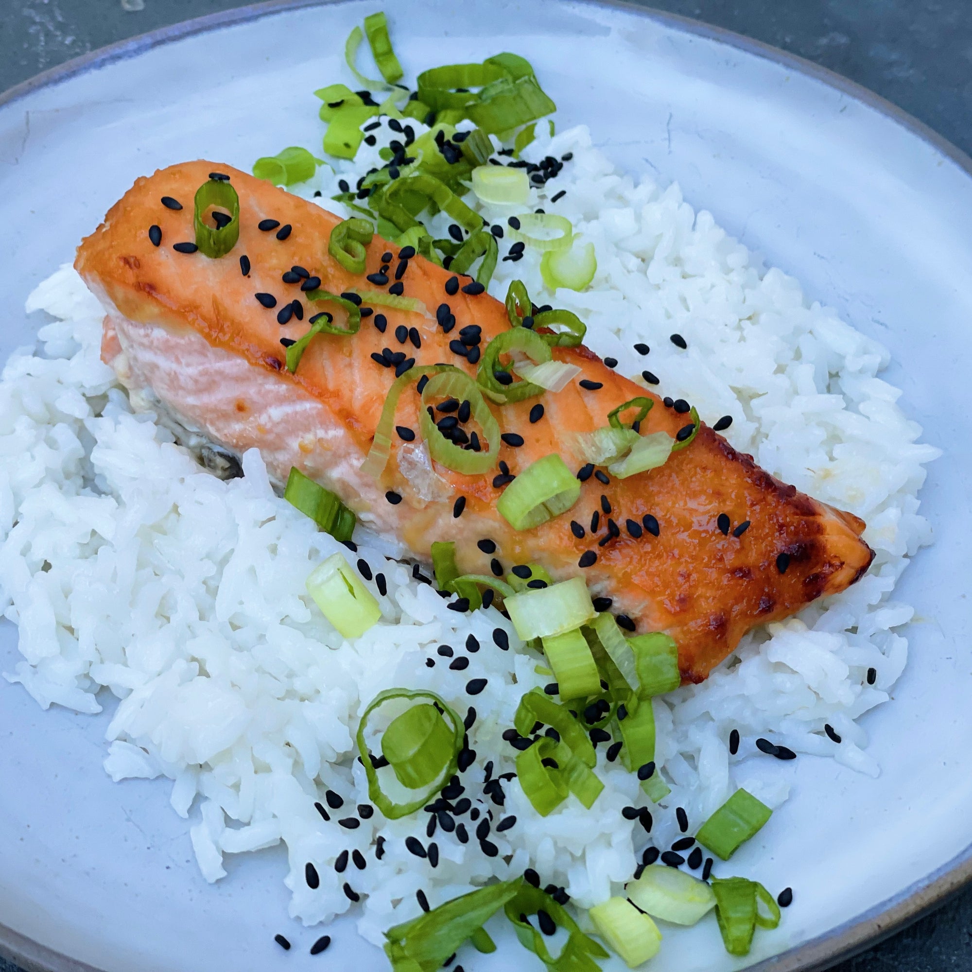 Broiled Salmon with Coconut Rice and Scallions