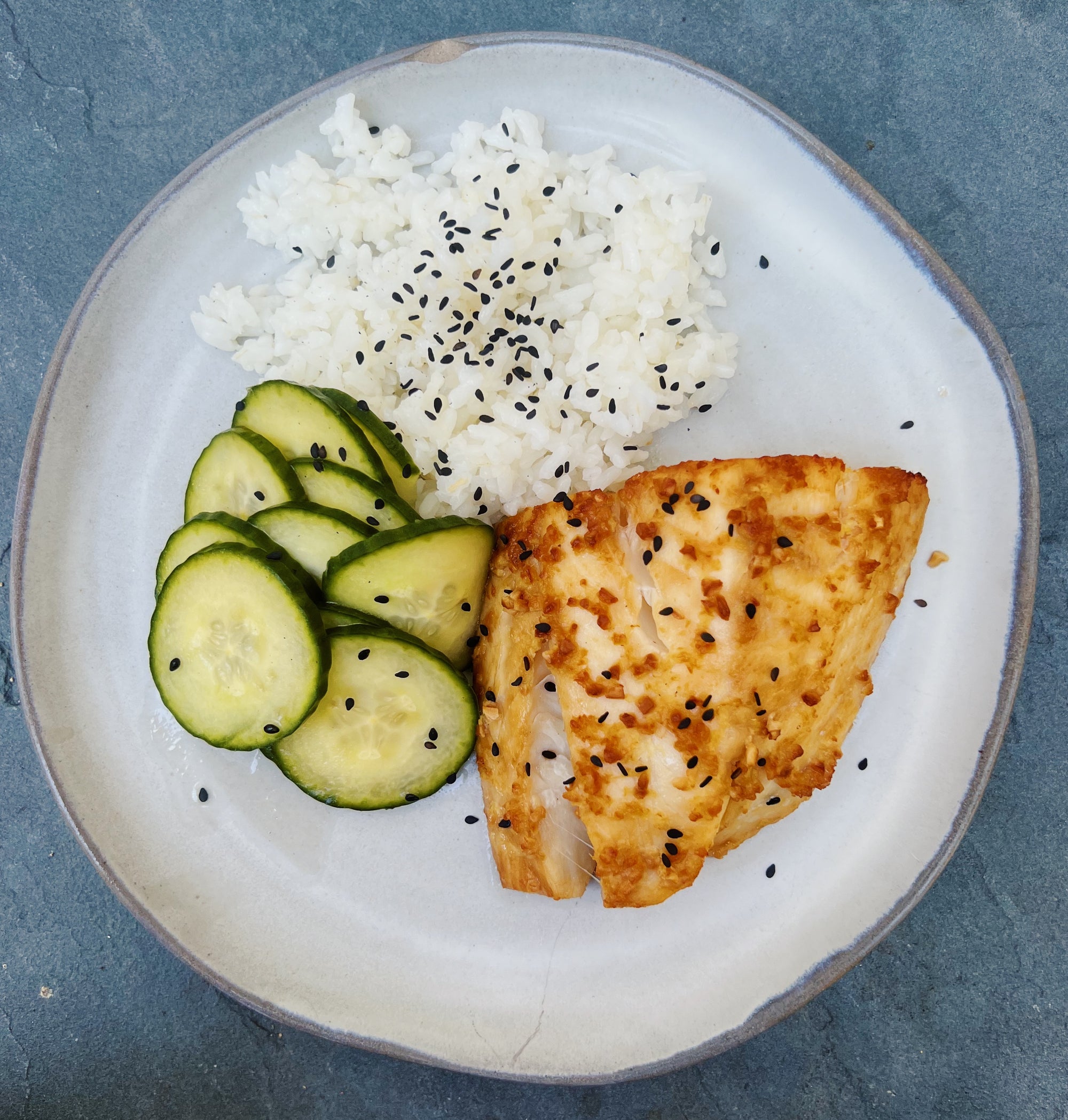 Teriyaki Sablefish with Cucumber Salad and Sushi Rice