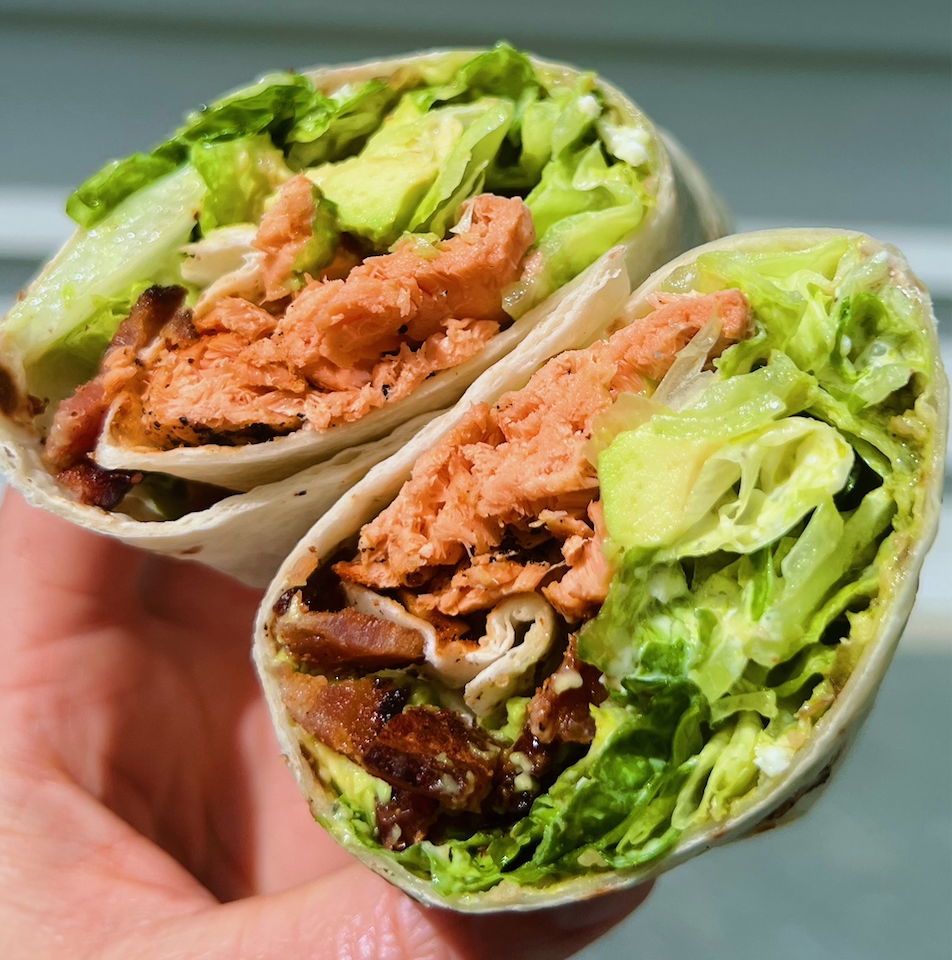 Salmon Bacon Avocado Caesar Salad Wrap