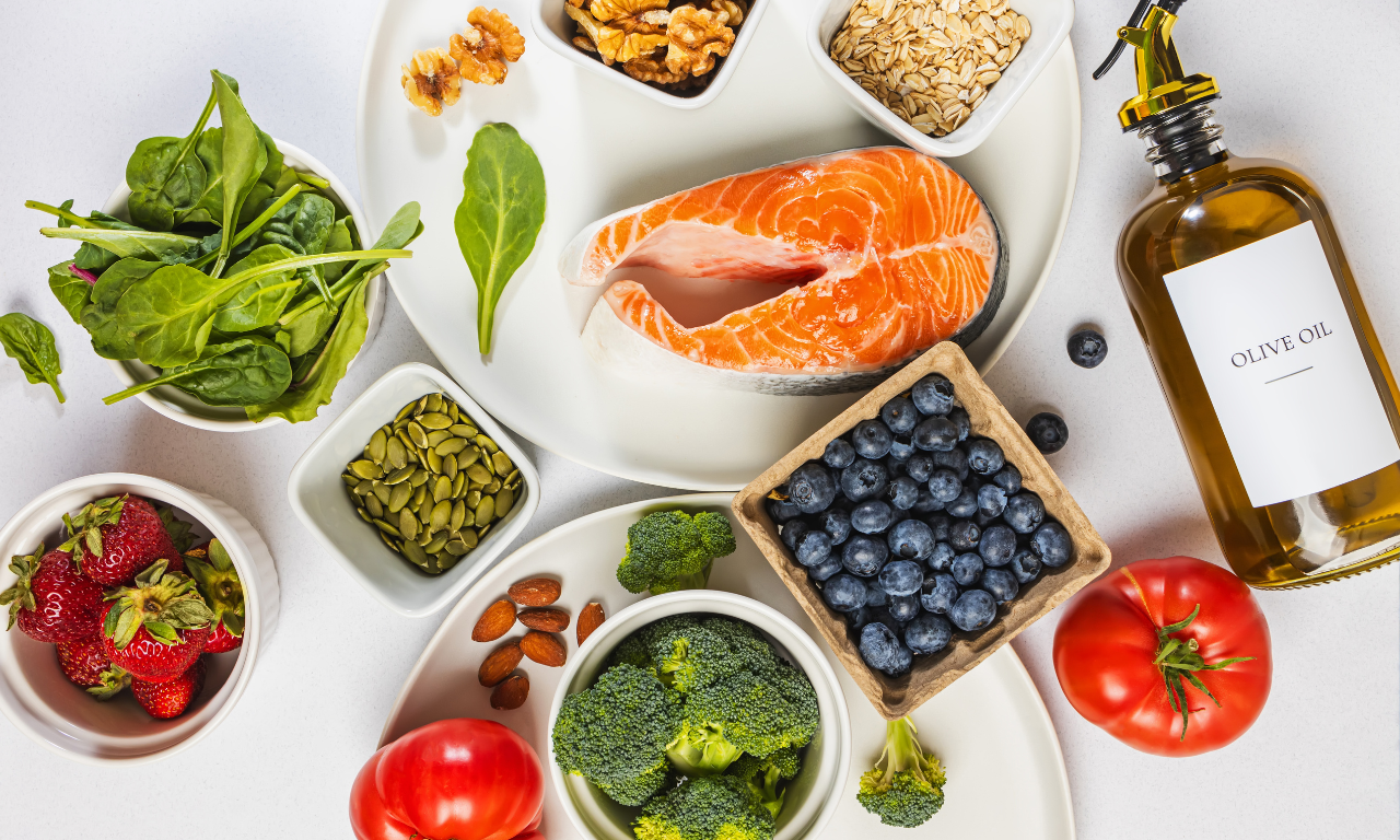 salmon, olive oil, berries, greens, anti-inflammatory foods