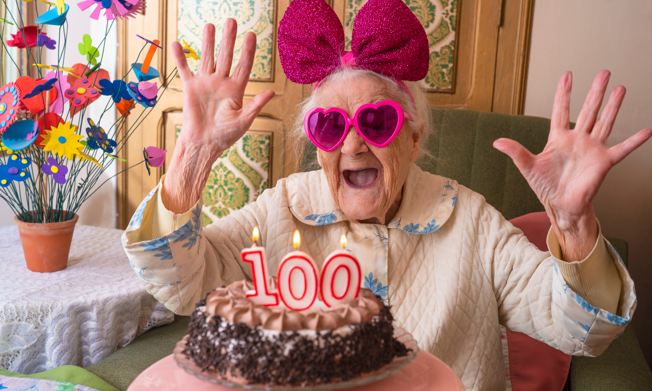 excited women on her 100th birthday