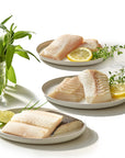 Raw fish fillets on plates with lemon slices and herbs on a white background