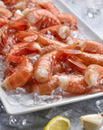 Wild Alaskan spot prawns on ice with lemon and garlic