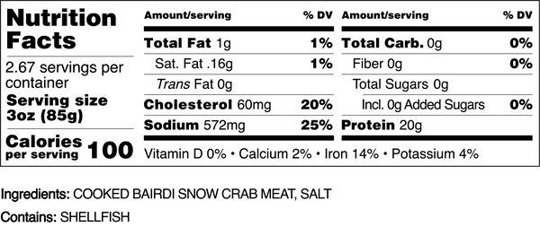 Horizontal nutrition label for Bairdi snow crab meat