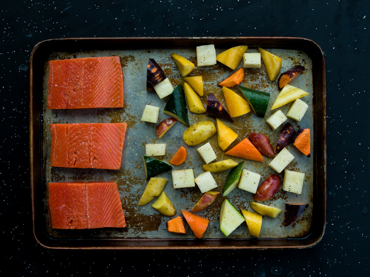 sockeye salmon and veggies on a tray