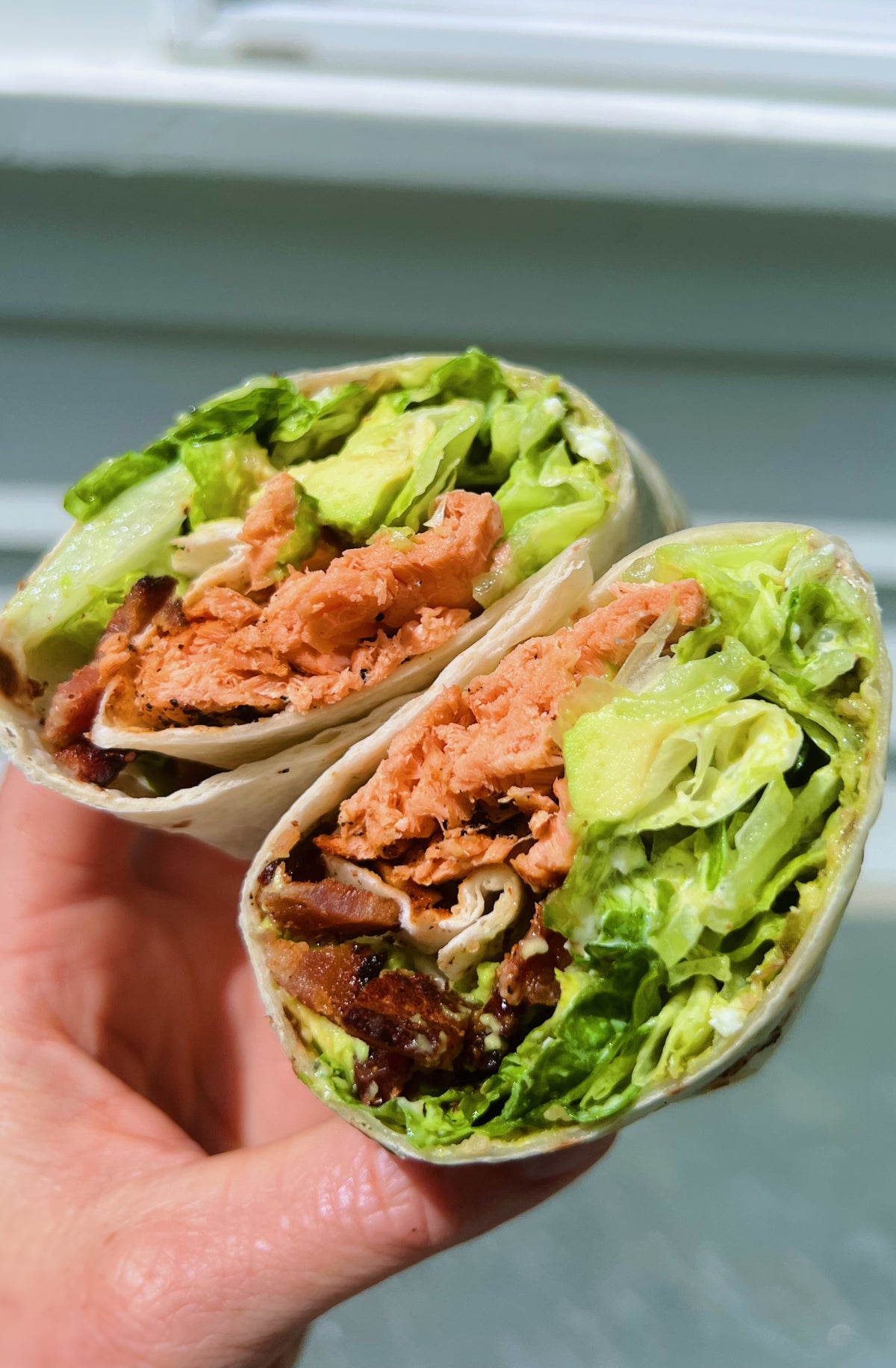 Salmon Bacon Avocado Caesar Salad Wrap