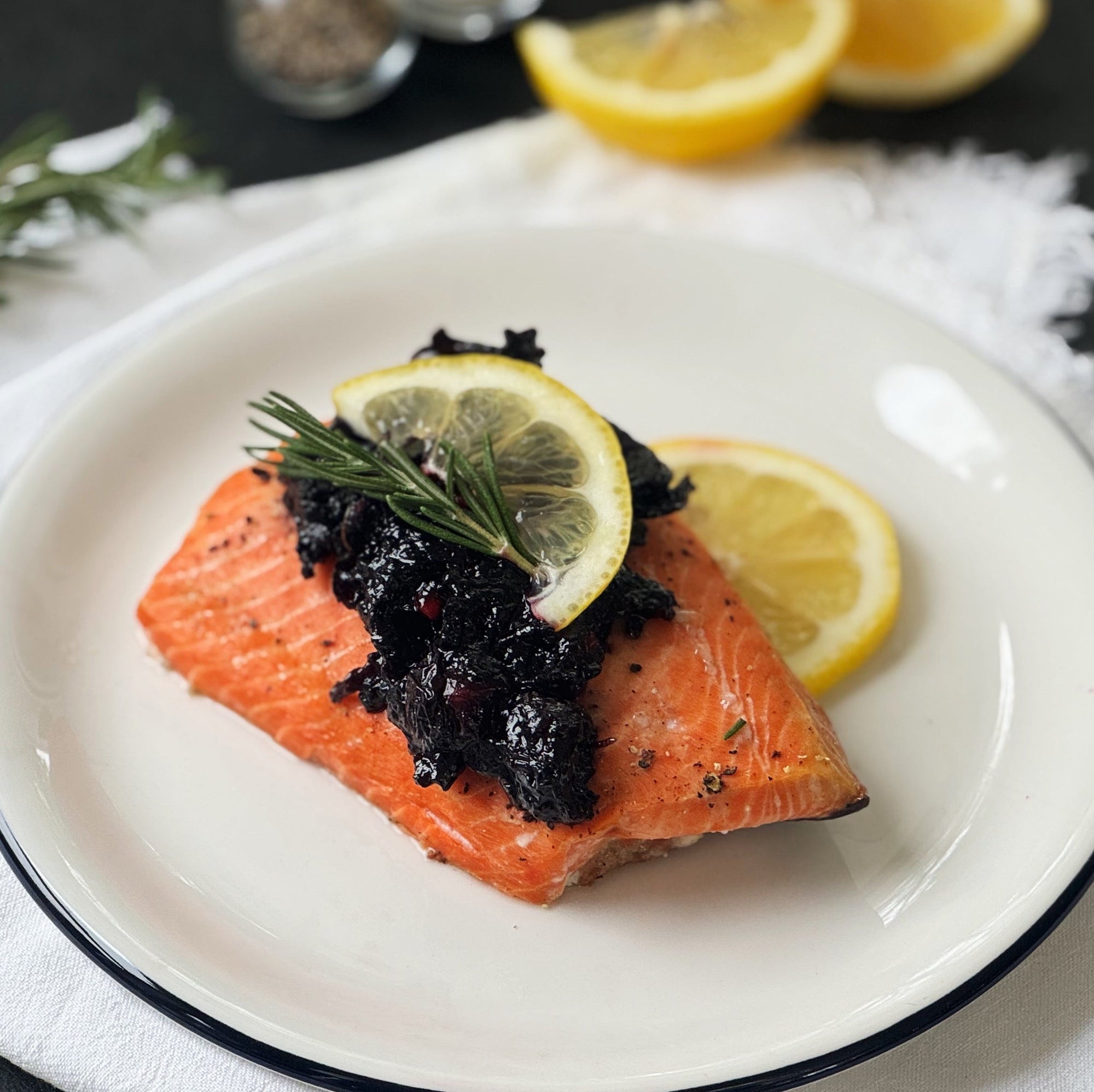 delicious baked salmon with blueberry thyme compote