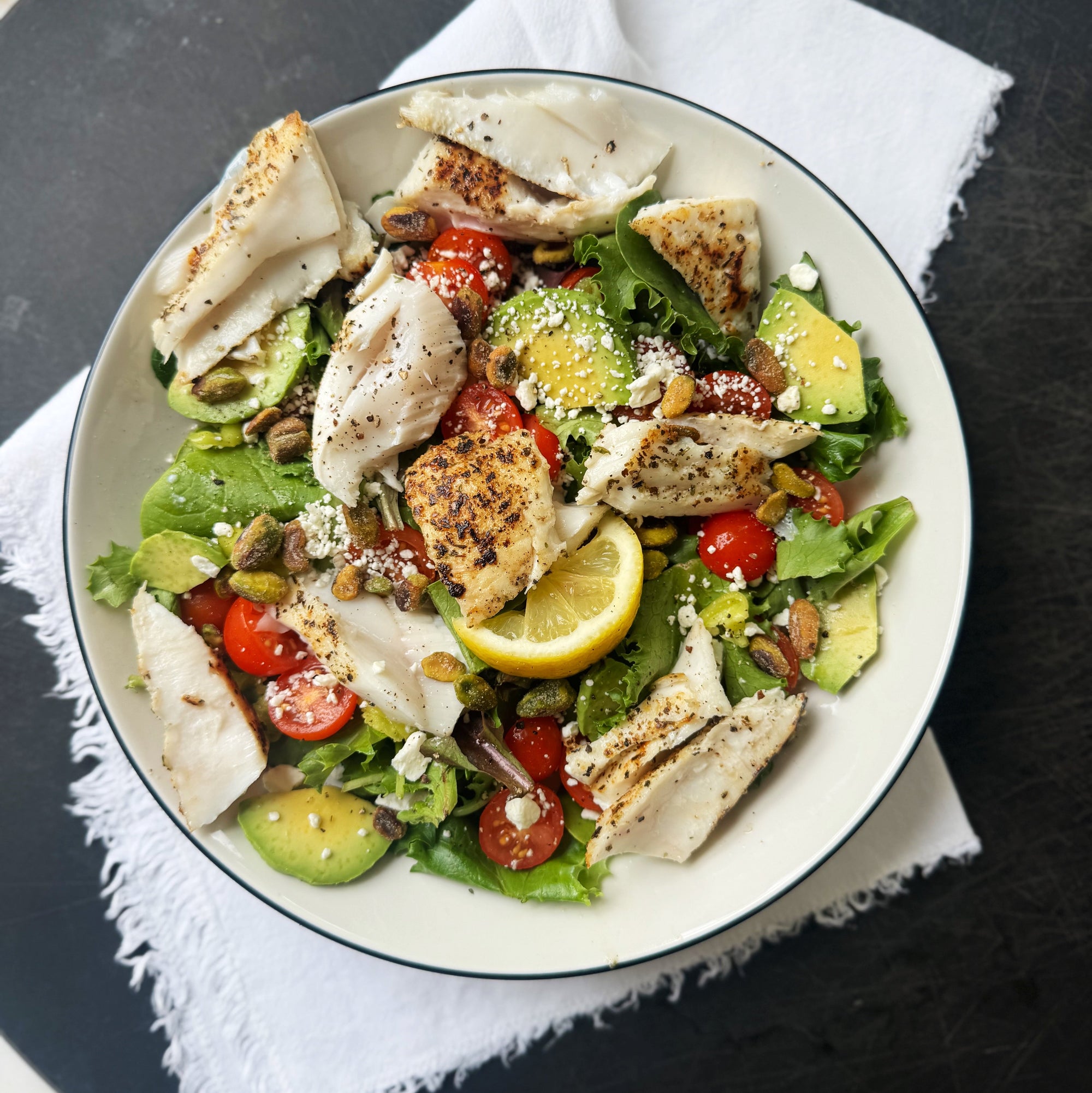  a delicious Pan Seared Halibut Mediterranean Salad 