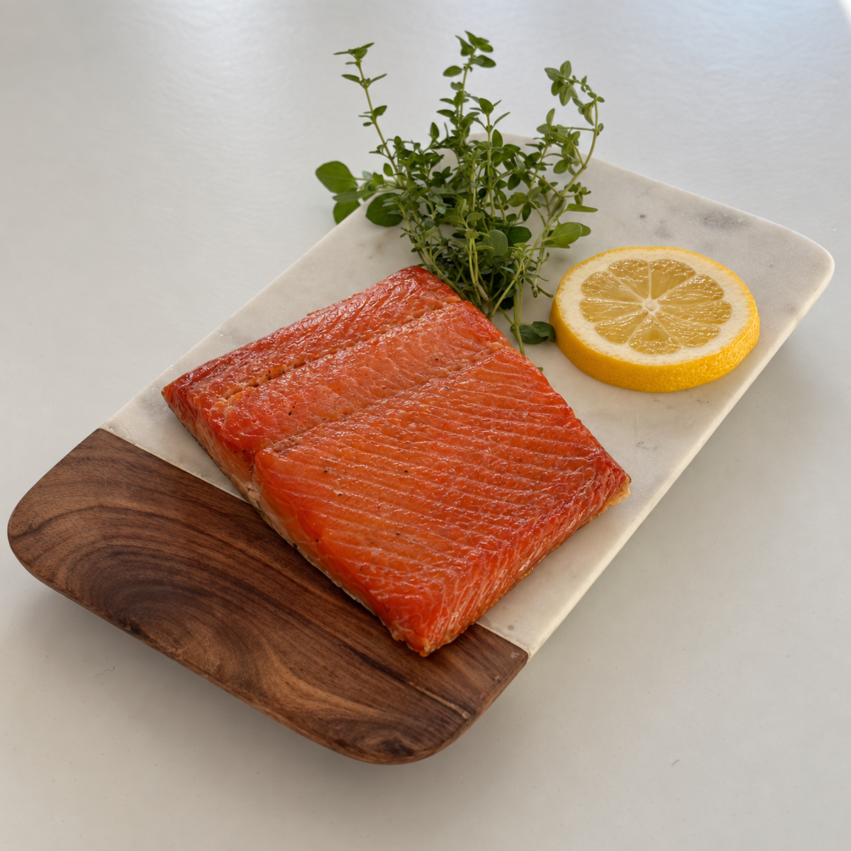wild smoked salmon on platter with lemon and fresh herbs