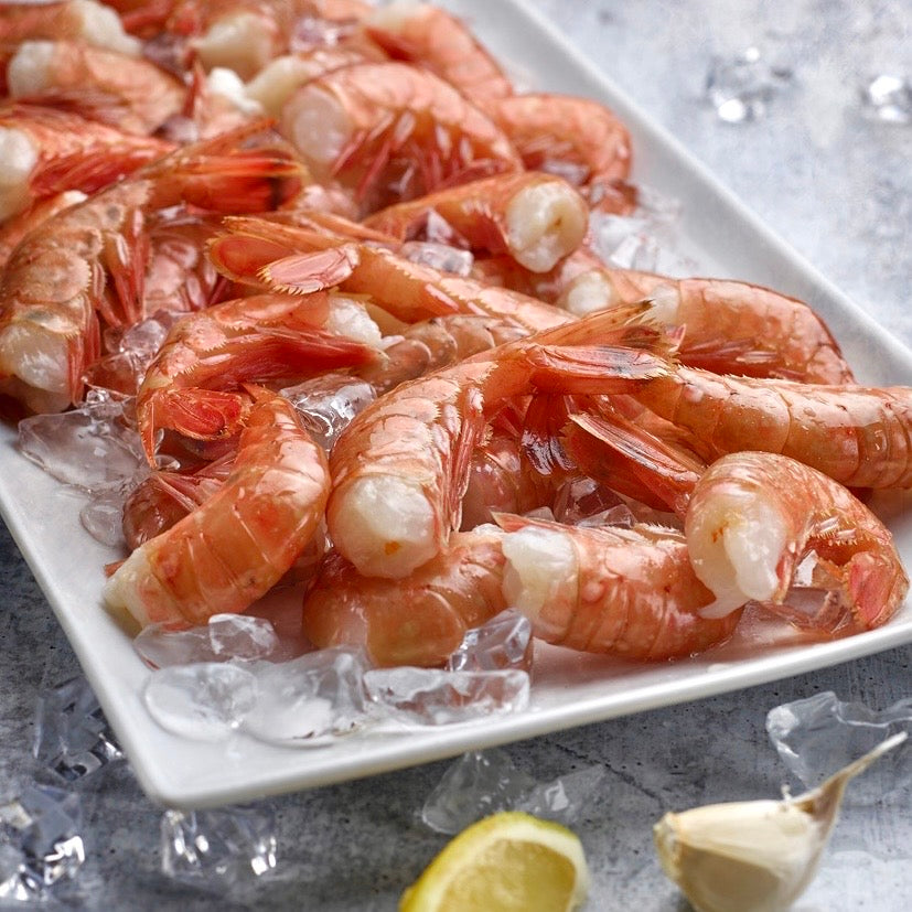 a tray of wild alaskan spot prawns