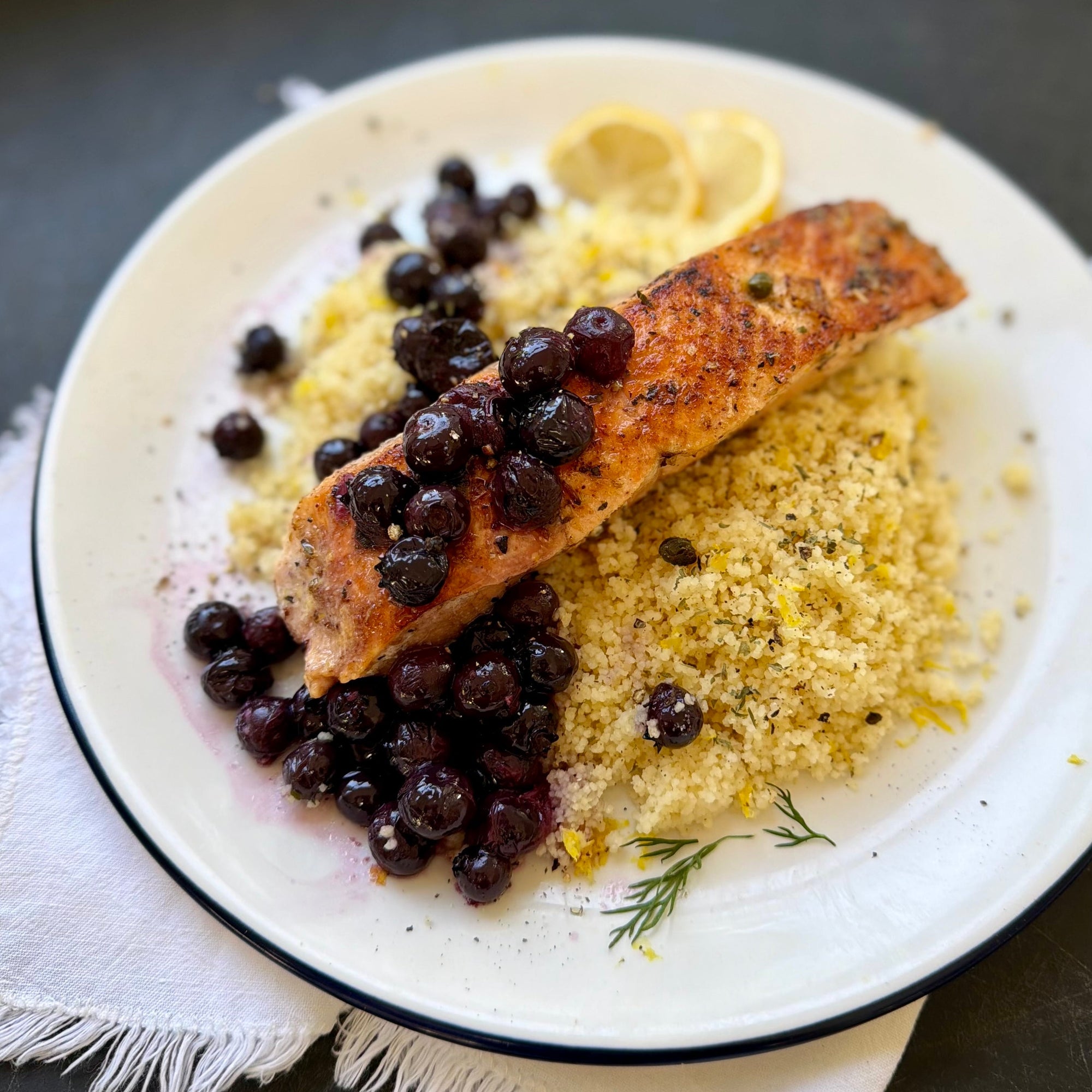 Wild Salmon with Lemon-Caper Butter & Blueberry Sauce