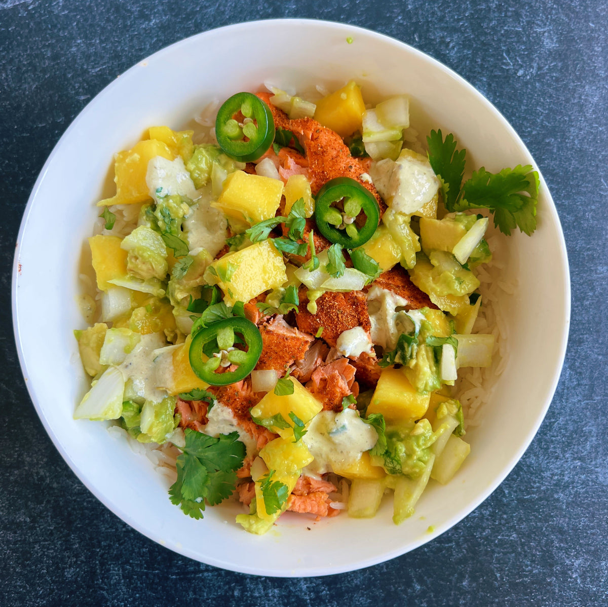BBQ Salmon Bowls with Mango Jalapeño Salsa