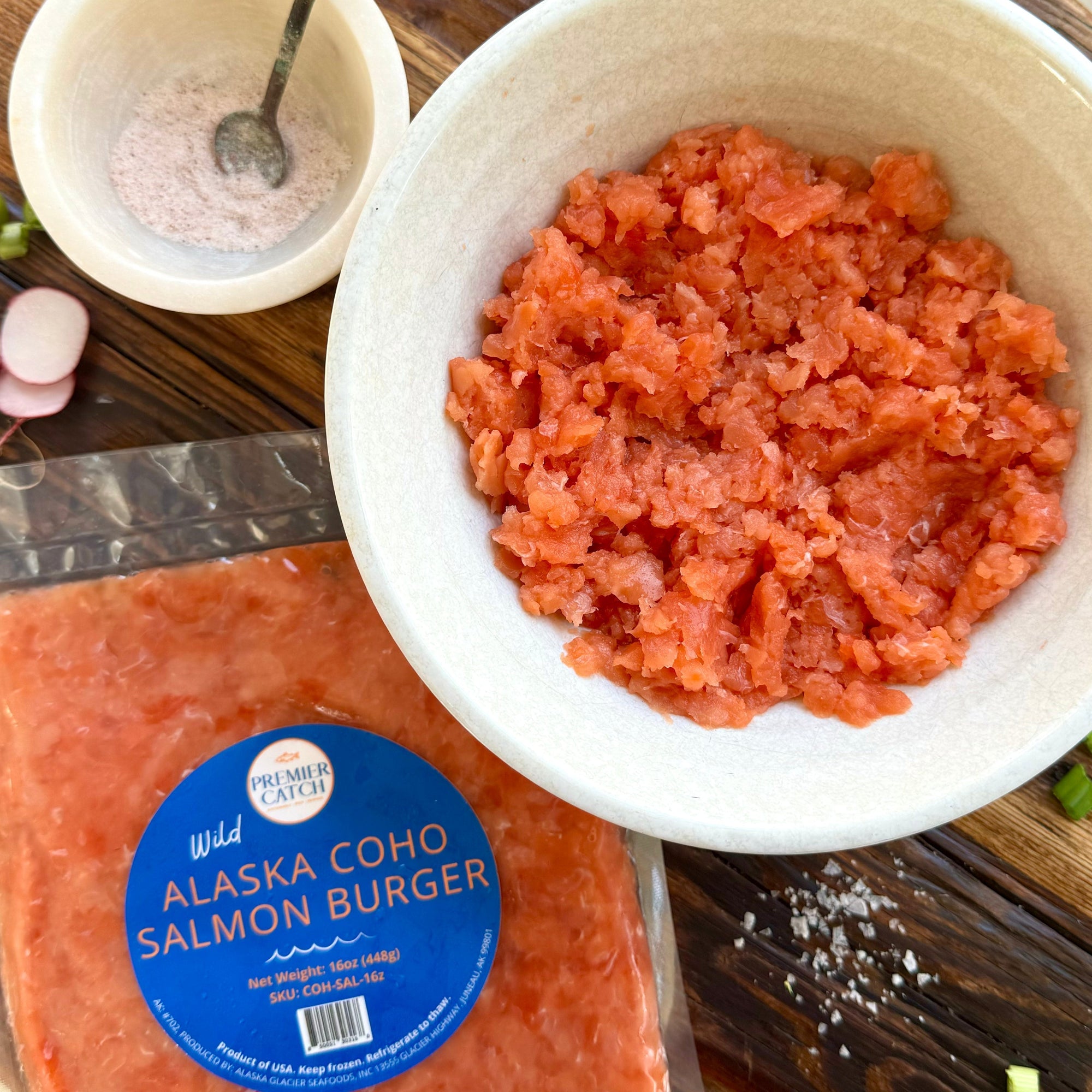ground coho salmon meat in bowl