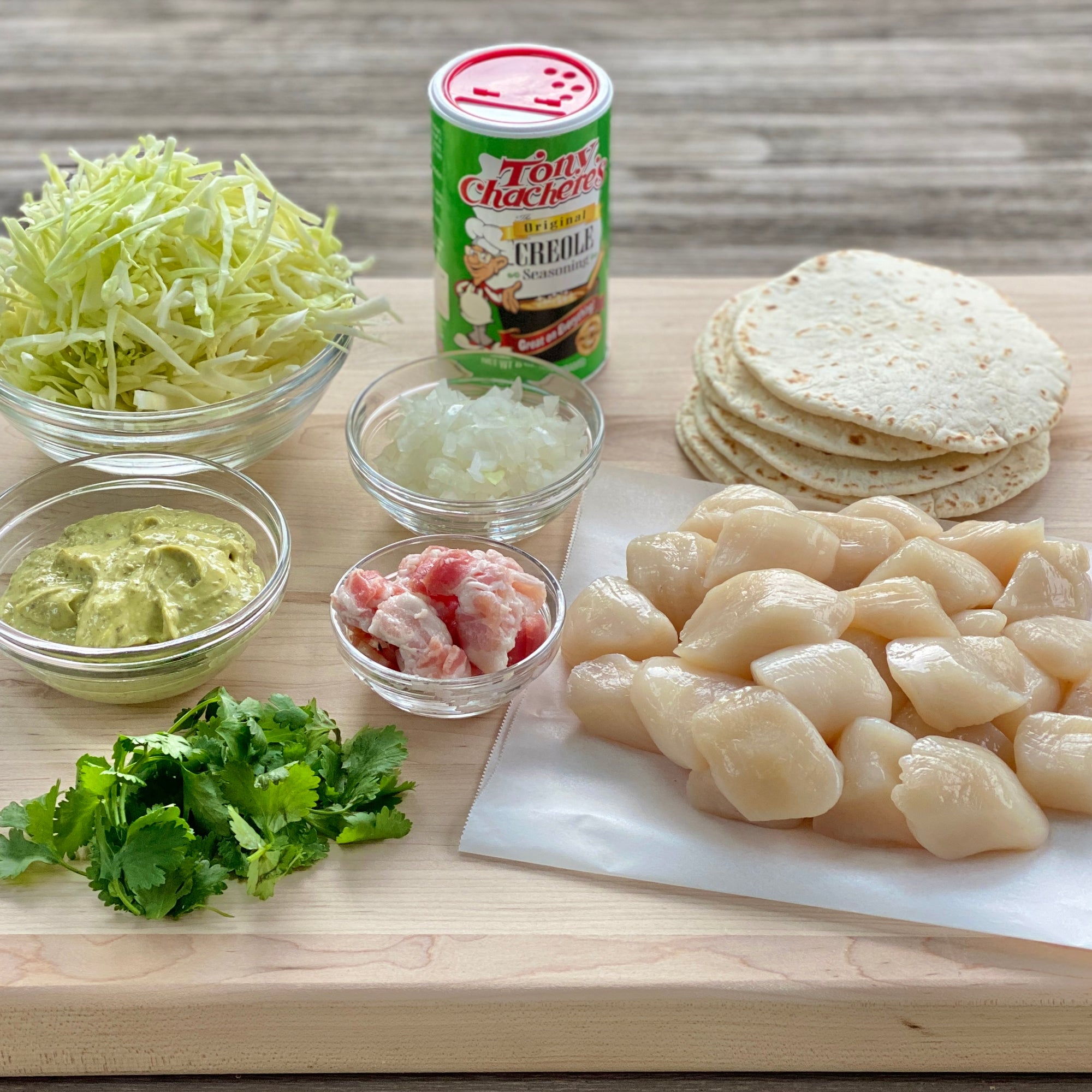 Ingredients for scallop tacos with wild Alaska weathervane scallops