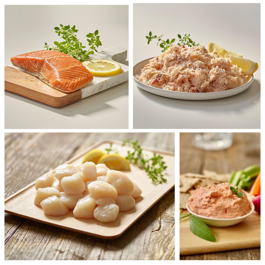 Collage of seafood products including salmon, scallops, and a seafood dish on a wooden board.