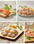 Collage of seafood products including salmon, scallops, and a seafood dish on a wooden board.