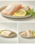 Raw fish fillets on a plate with lemon slices and herbs, shown in three different angles.