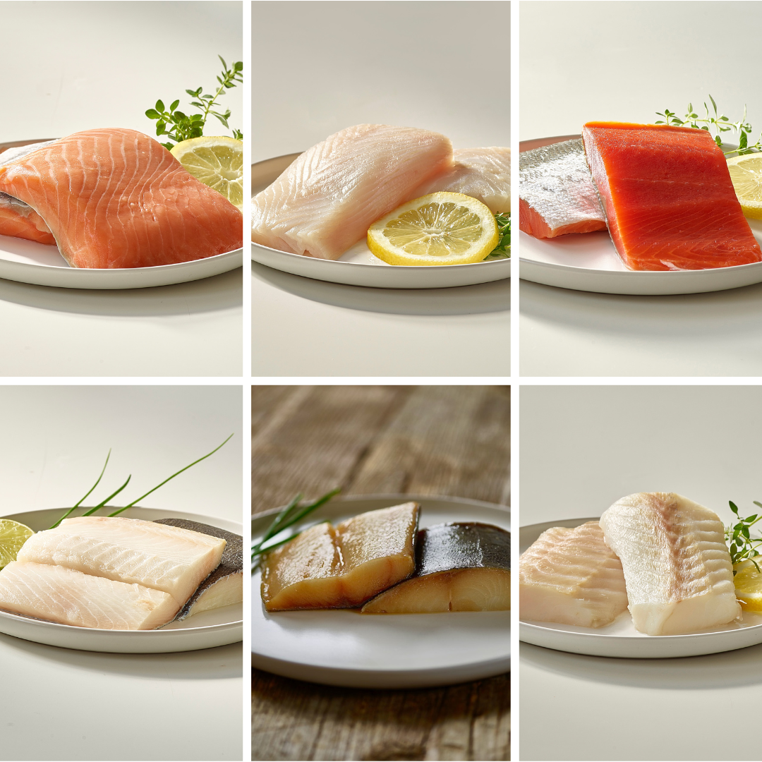 king salmon, sockeye salmon, halibut, cod, and black cod on plates