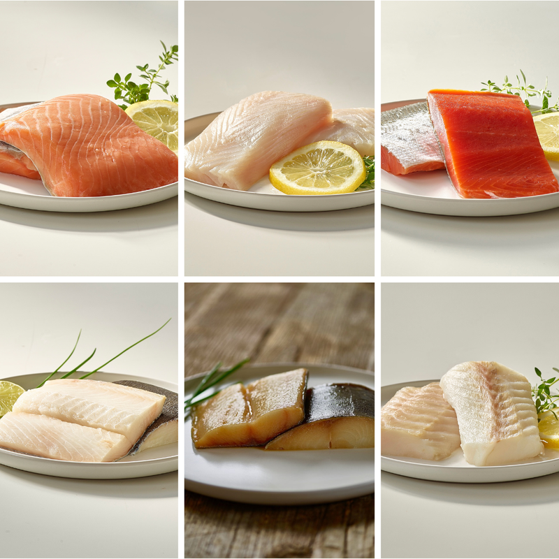 Wild Seafood Sampler gift box with king salmon, sockeye, halibut, cod and black cod portions